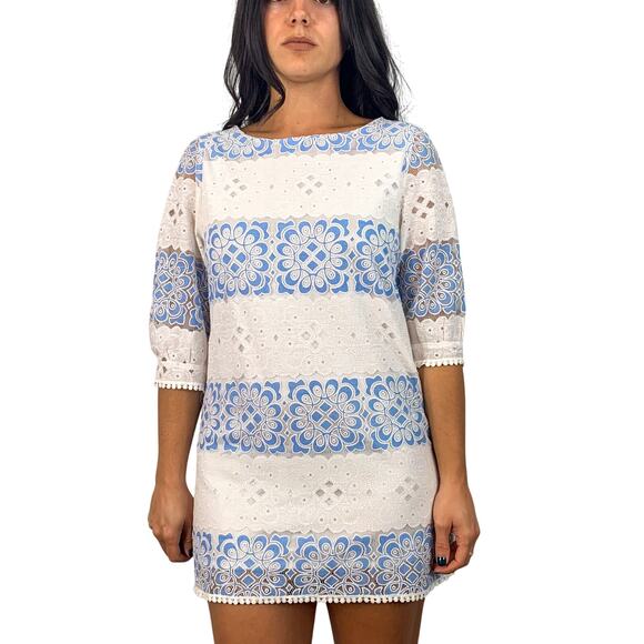 Elf Sack White & Blue Lace Mini Dress - Picture 2 of 6